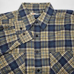 Dynasty Mens Tan & Blue Tartan Plaid Long Sleeves Flannel Button Up Shirt  Large